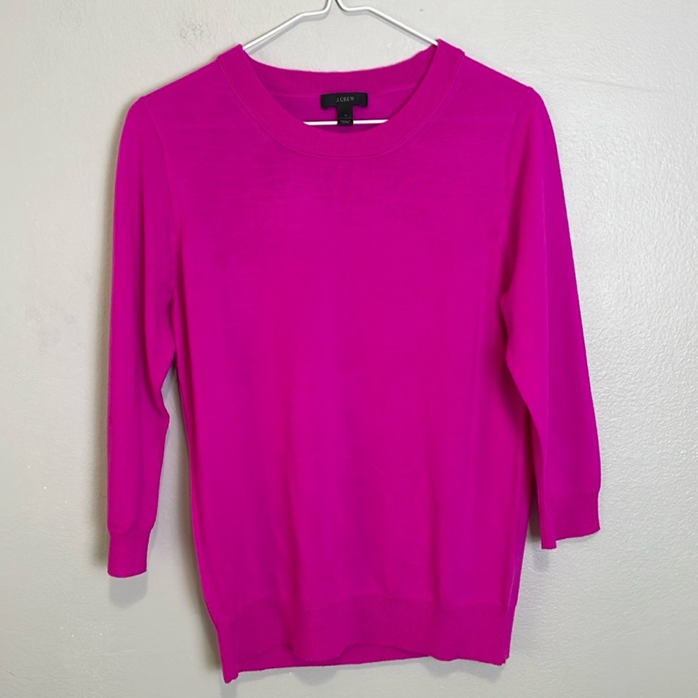 J.Crew Pink Merino Wool Crew Neck Sweater Size M 3/4 Sleeve fucsia preppy